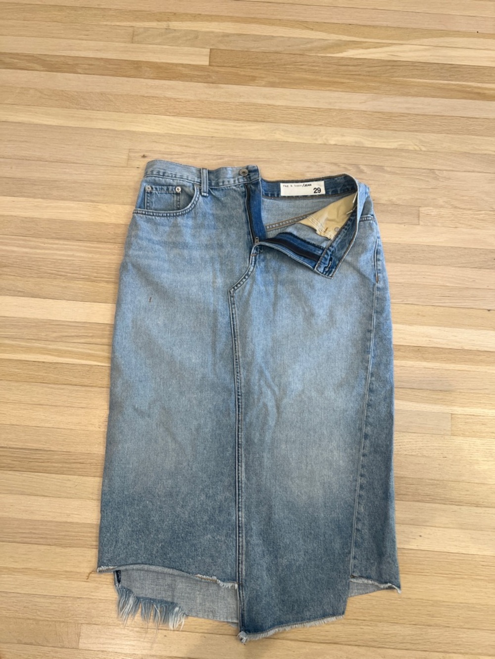 rag & bone light blue denim midi skirt with front slit